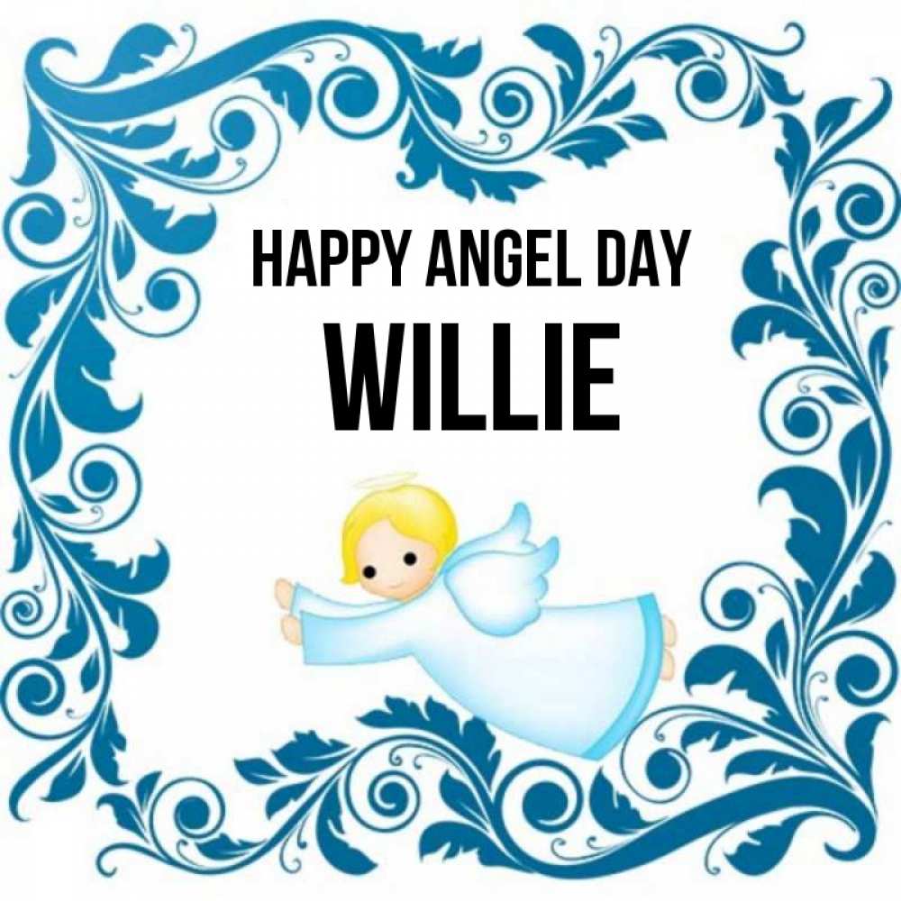 Greetings card с именем, Willie happy angel day девочка ангел и синяя рамка Greetings with text for free download 