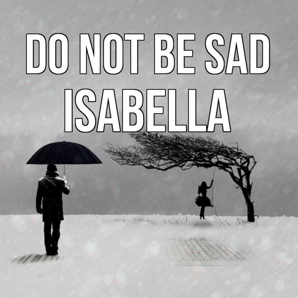 Greetings card с именем, Isabella Do not be sad девушка на качели и мужчина под зонтом Greetings with text for free download 