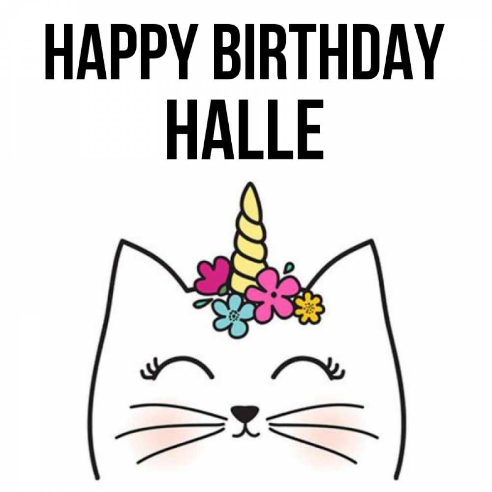 Greetings card с именем, Halle Happy Birthday милый кот с одним рожком Greetings with text for free download 