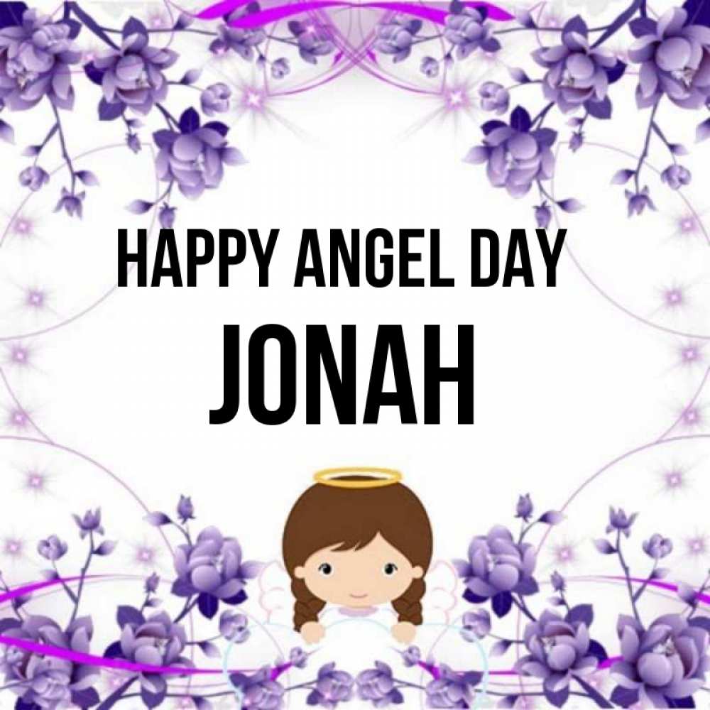 Greetings card с именем, Jonah happy angel day с именинами в рамочке Greetings with text for free download 