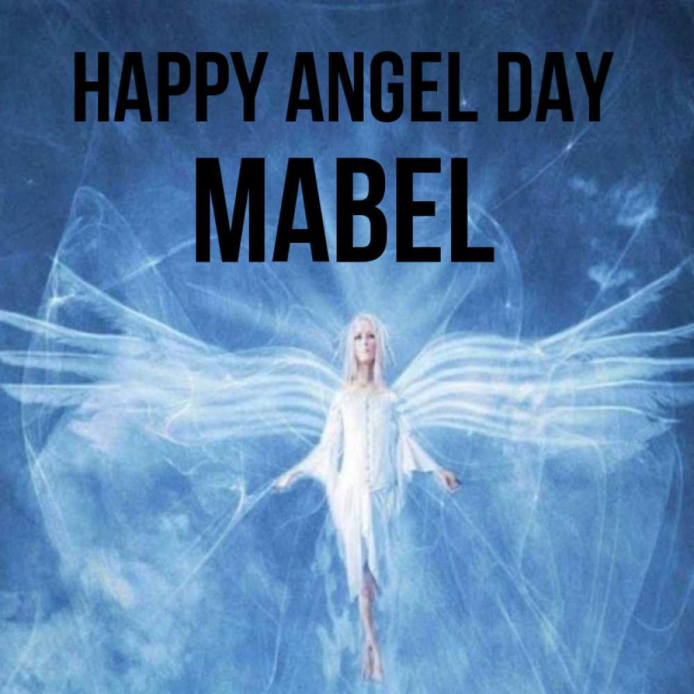 Greetings card с именем, Mabel happy angel day голубой фон и крылья как у стрекозы Greetings with text for free download 