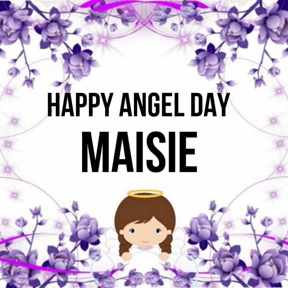 Greetings card с именем, Maisie happy angel day с именинами в рамочке Greetings with text for free download 