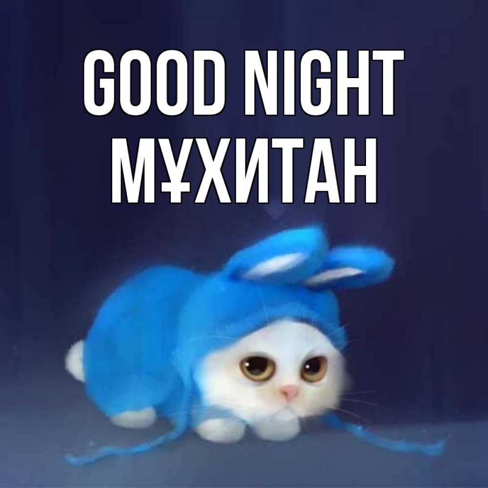 Greetings card с именем, МҰХИТАН Good night кот в голубом костюме кролика с ушками Greetings with text for free download 