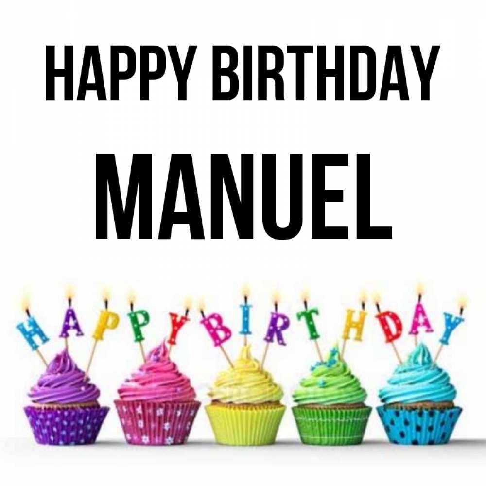 Greetings card с именем, Manuel Happy Birthday открытка ко дню рождения с разноцветными вкусняшками Greetings with text for free download 