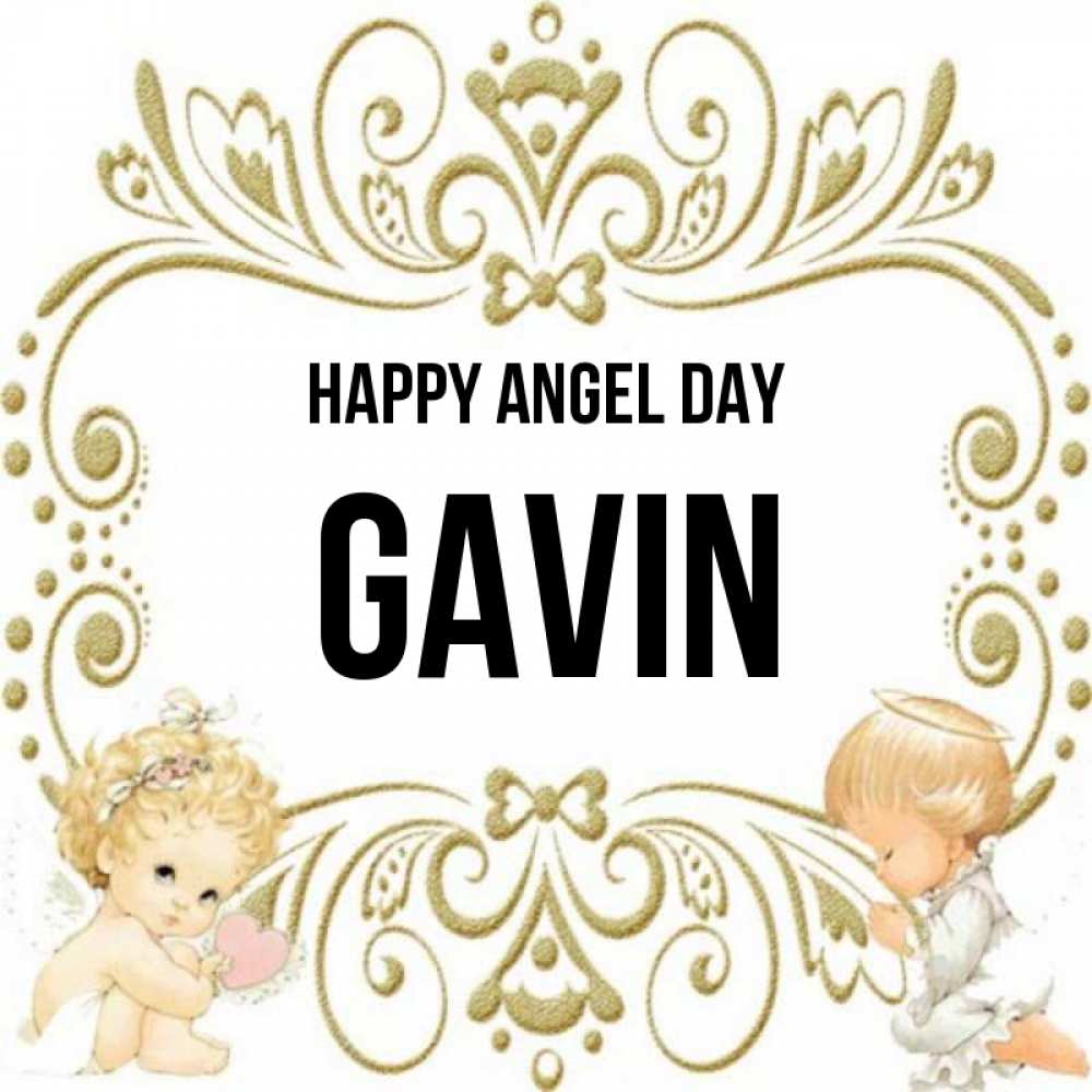 Greetings card с именем, Gavin happy angel day с именинами поздравляют два красивых ангела. Один с сердечком другой молится Greetings with text for free download 