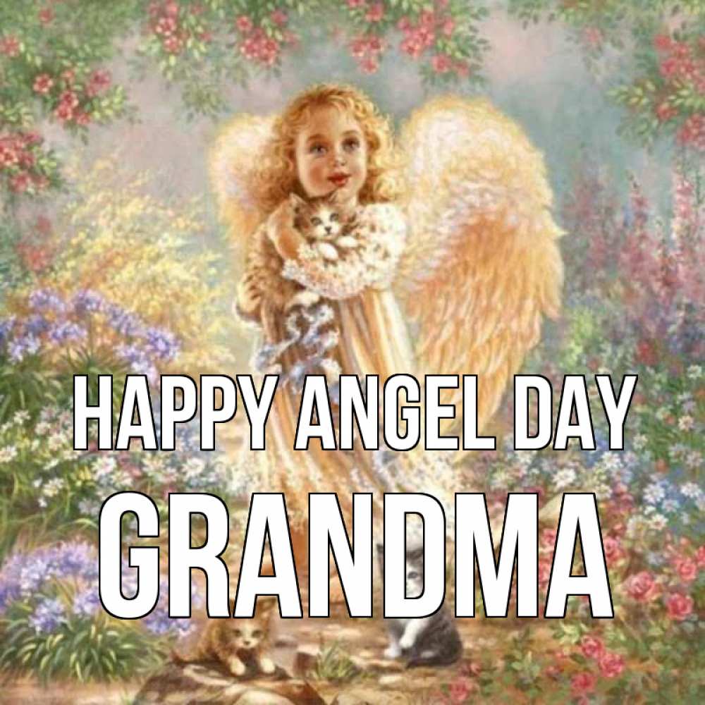 Greetings card с именем, grandma happy angel day держит котенка Greetings with text for free download 