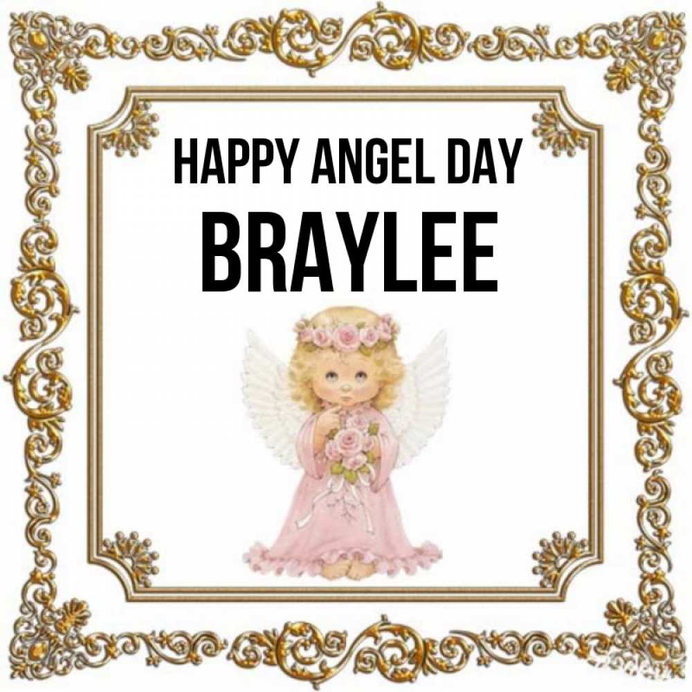 Greetings card с именем, Braylee happy angel day девочка ангел с крыльями и цветами в розовом платье Greetings with text for free download 
