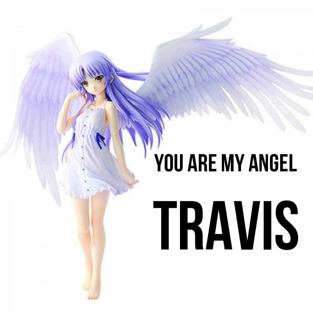 Greetings card с именем, Travis You are my angel девушка ангел с фиолетовыми крыльями Greetings with text for free download 