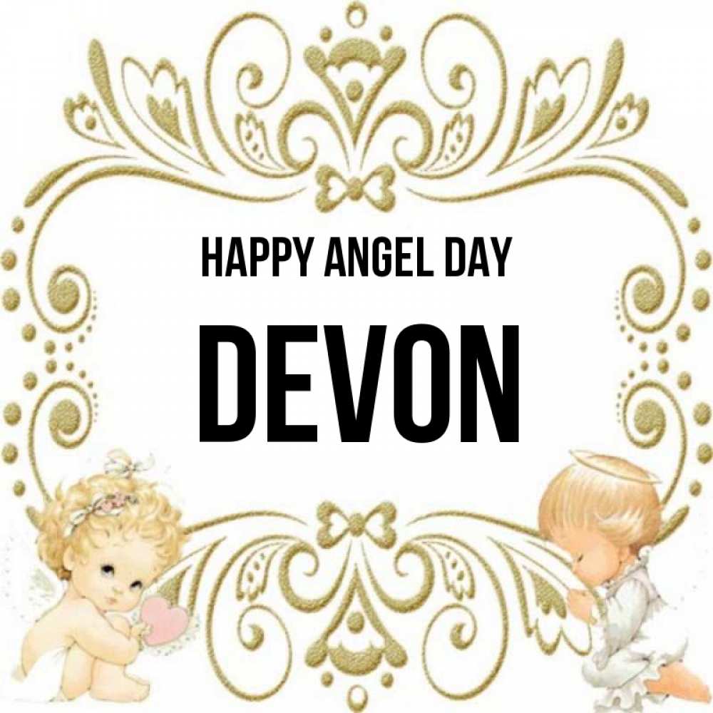 Greetings card с именем, Devon happy angel day с именинами поздравляют два красивых ангела. Один с сердечком другой молится Greetings with text for free download 