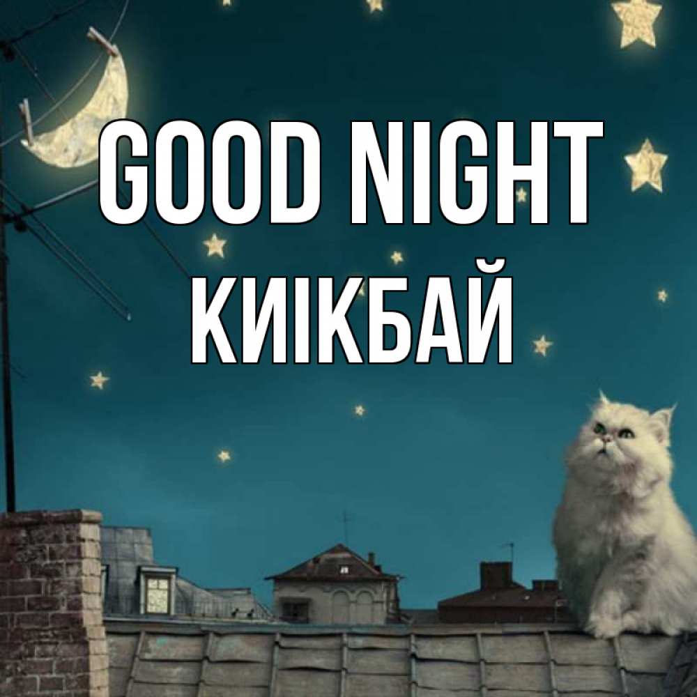 Greetings card с именем, Киікбай Good night белый кот сидит на крыше Greetings with text for free download 