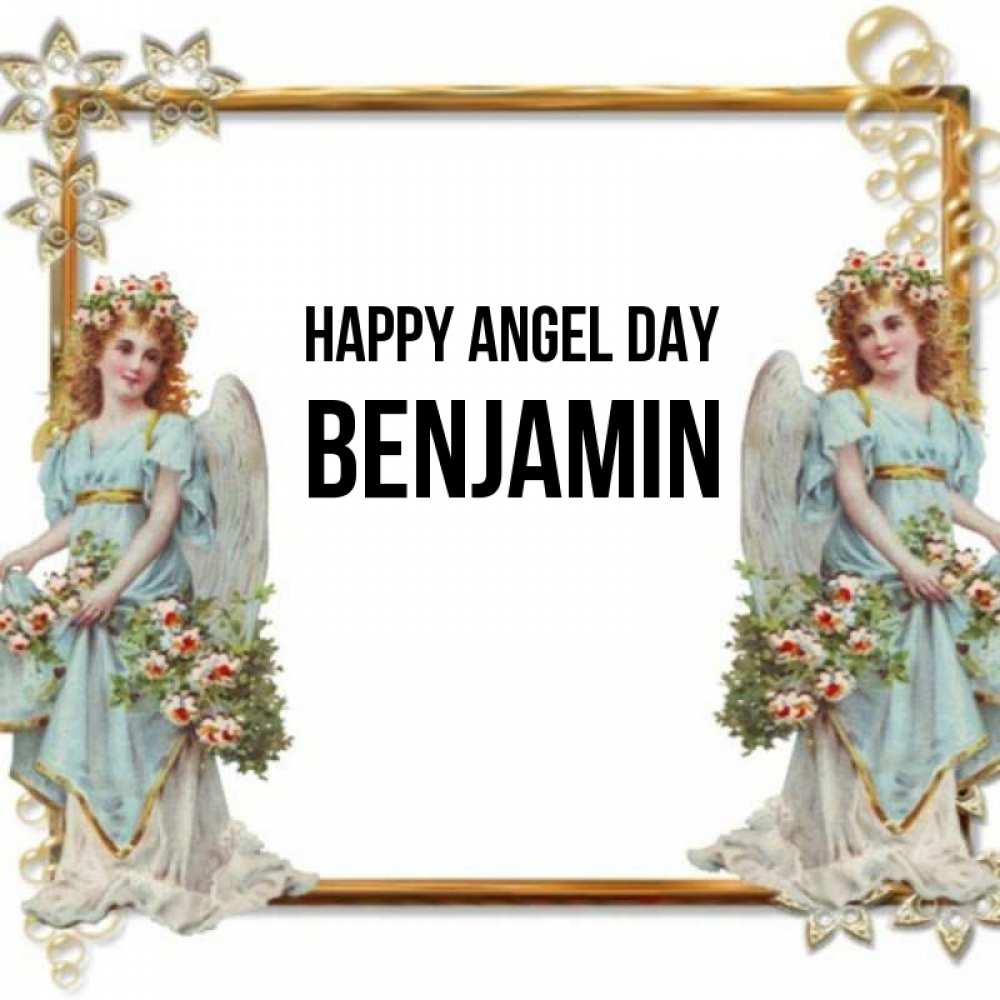 Greetings card с именем, Benjamin happy angel day рамочка из золота и ангелы Greetings with text for free download 