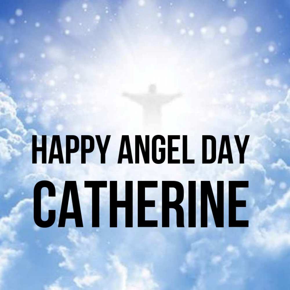 Greetings card с именем, Catherine happy angel day ангел на облаках в свете солнца Greetings with text for free download 