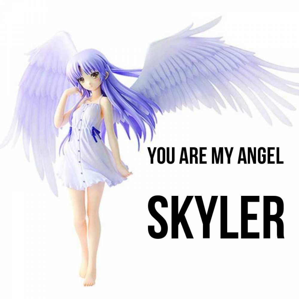 Greetings card с именем, Skyler You are my angel девушка ангел с фиолетовыми крыльями Greetings with text for free download 