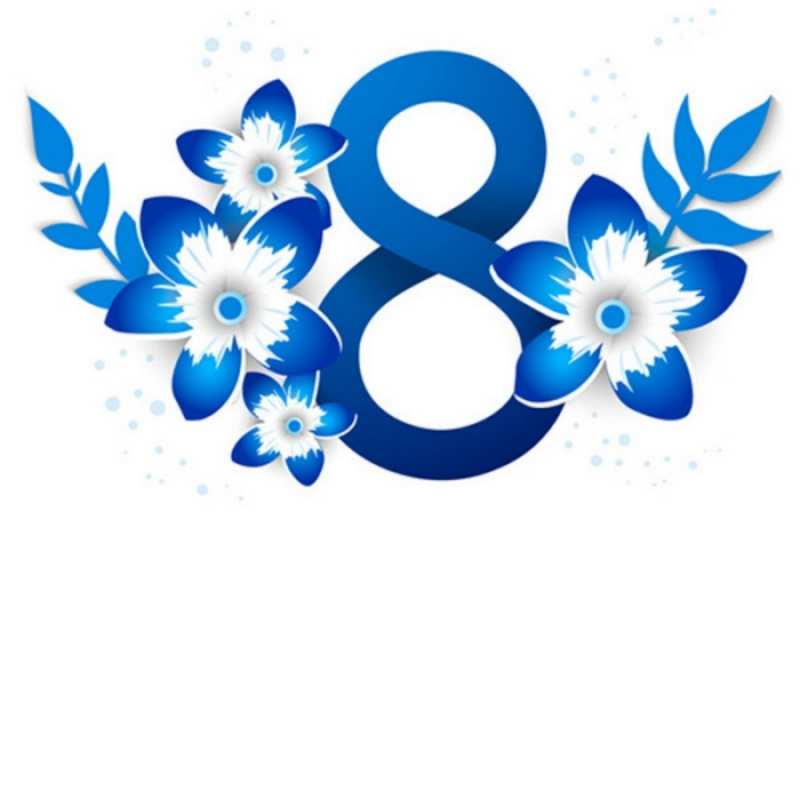 Открытка синяя цифра 8  цветы  happy women`s day 