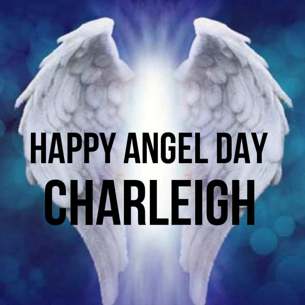 Greetings card с именем, Charleigh happy angel day синий фон и крылышки Greetings with text for free download 