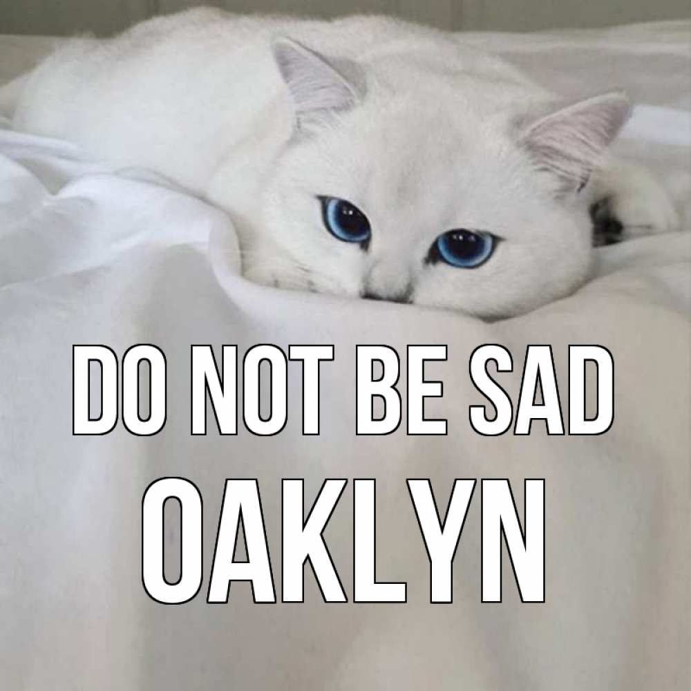 Greetings card с именем, Oaklyn Do not be sad белый кот с голубыми глазами на белоснежной кровати Greetings with text for free download 