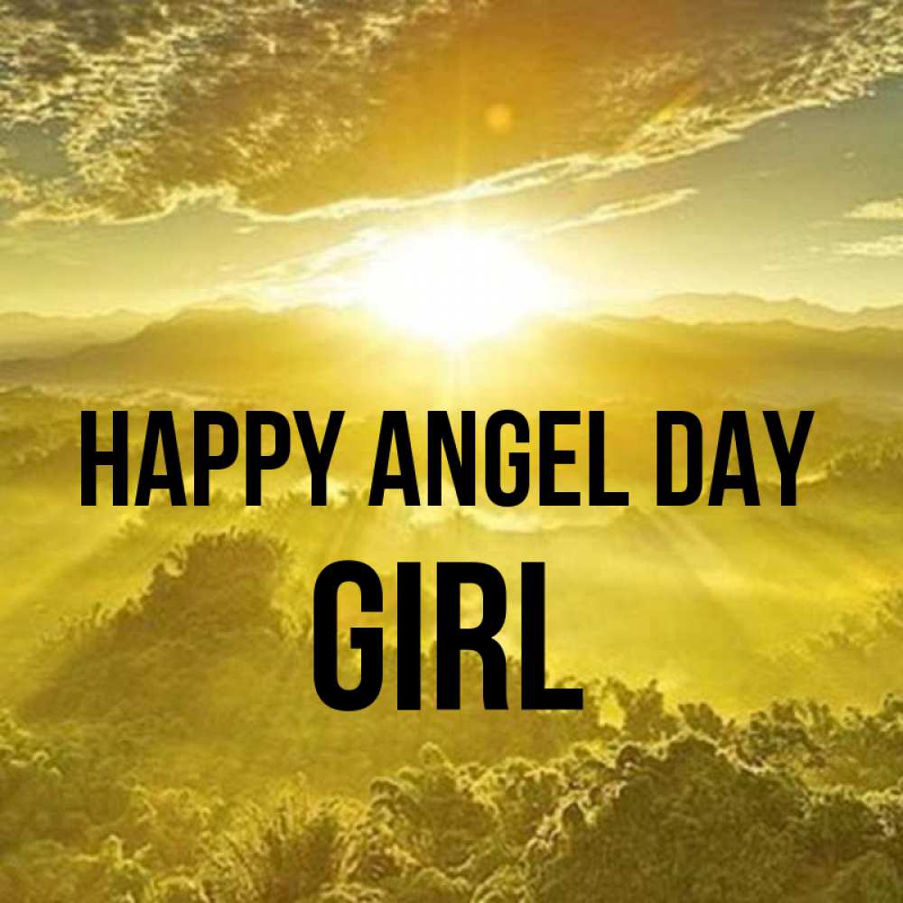 Greetings card с именем, girl happy angel day леса и небо в желтом Greetings with text for free download 