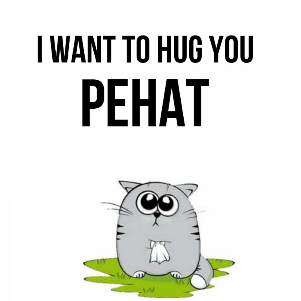 Greetings card с именем, РЕНАТ I want to hug you котик теребит платочек сидя на травке Greetings with text for free download 