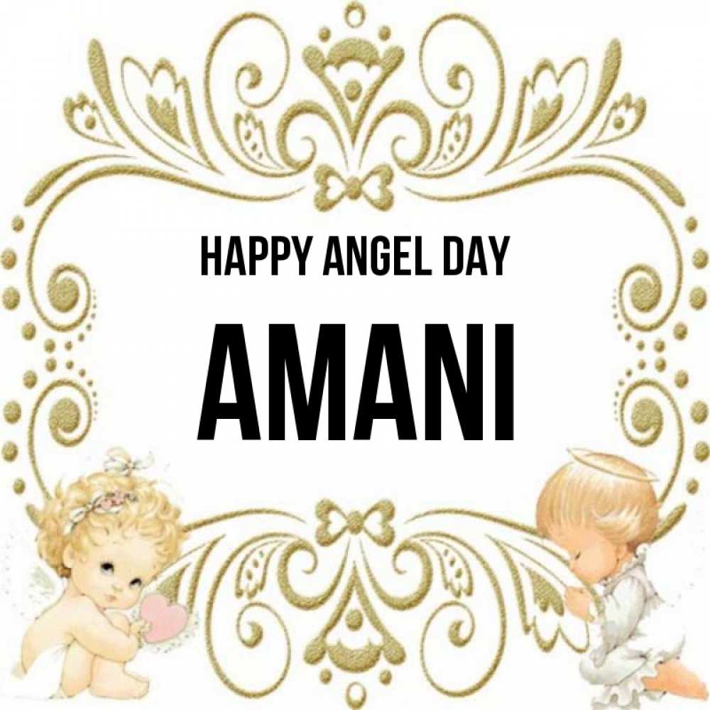 Greetings card с именем, Amani happy angel day с именинами поздравляют два красивых ангела. Один с сердечком другой молится Greetings with text for free download 