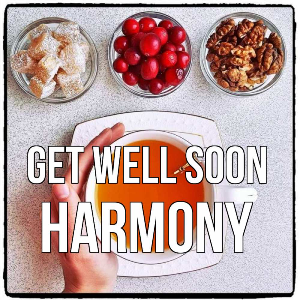 Greetings card с именем, Harmony Get well soon на столе Greetings with text for free download 