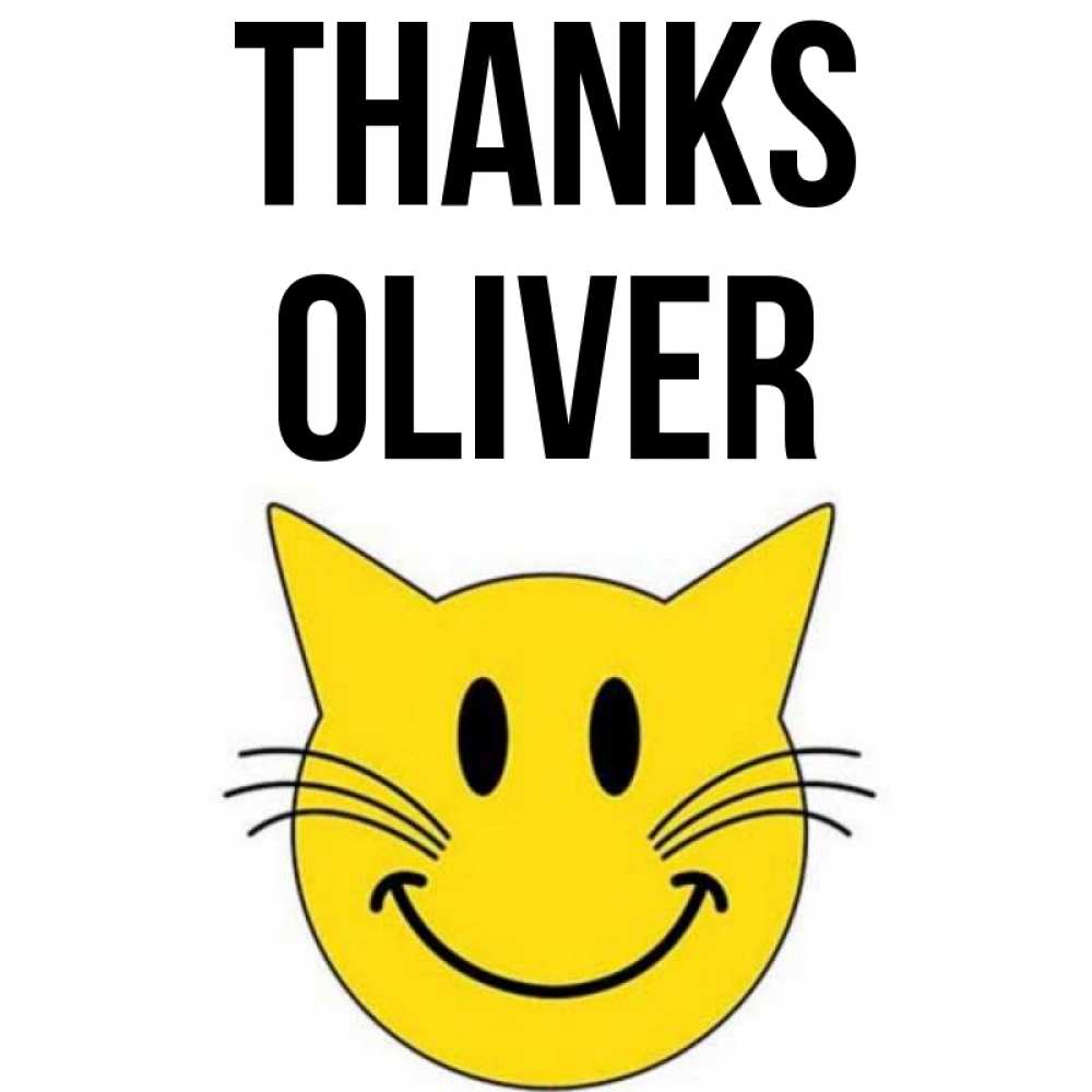 Greetings card с именем, Oliver Thanks улыбающийся смайл кот Greetings with text for free download 