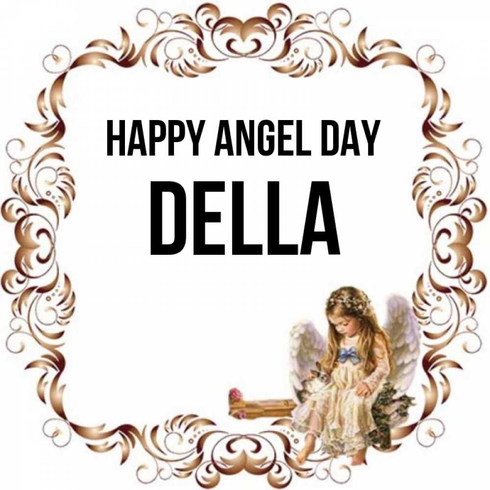 Greetings card с именем, Della happy angel day рамочка из перьев и ангелочек Greetings with text for free download 