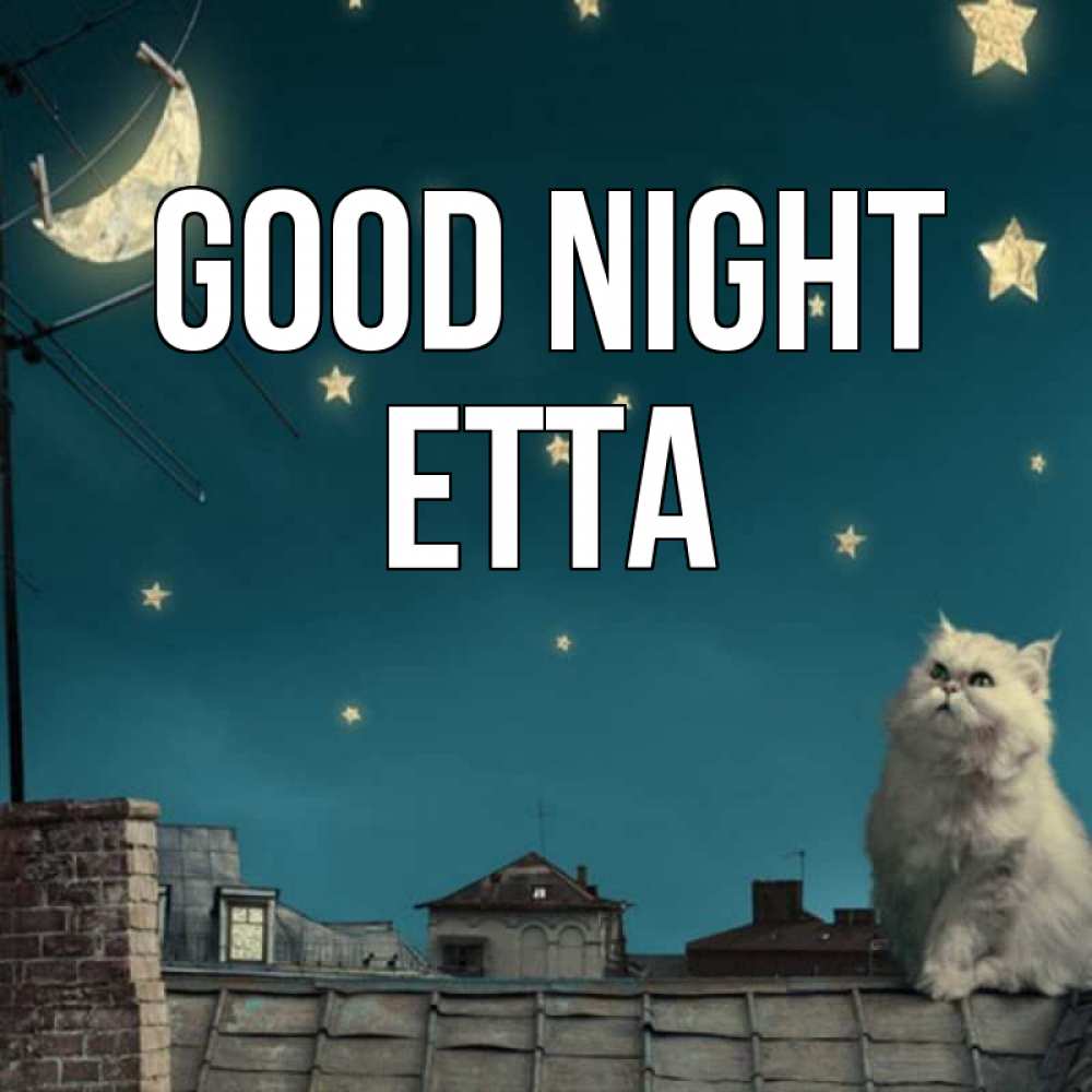 Greetings card с именем, Etta Good night белый кот сидит на крыше Greetings with text for free download 