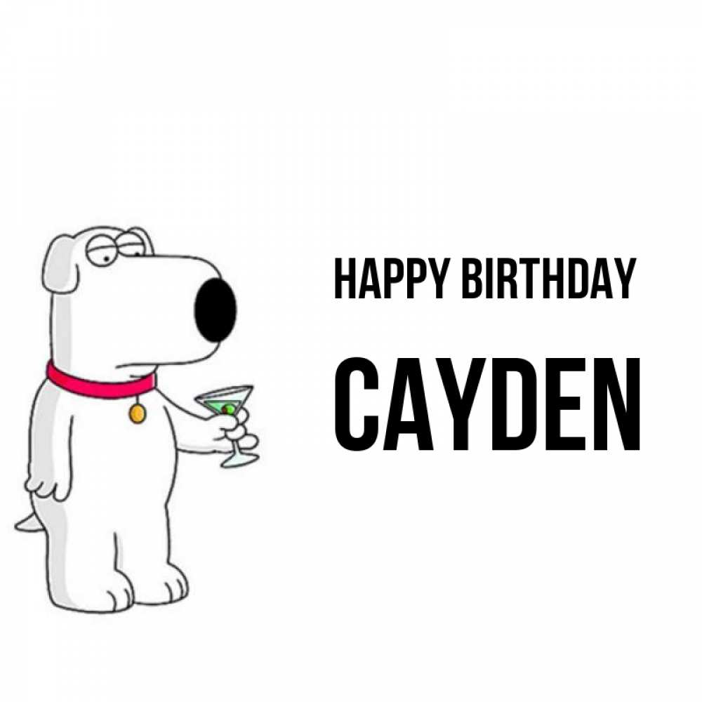 Greetings card с именем, Cayden Happy Birthday песик с оливками Greetings with text for free download 