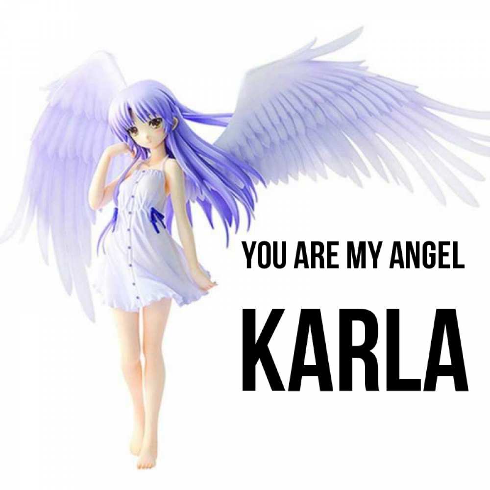 Greetings card с именем, Karla You are my angel девушка ангел с фиолетовыми крыльями Greetings with text for free download 