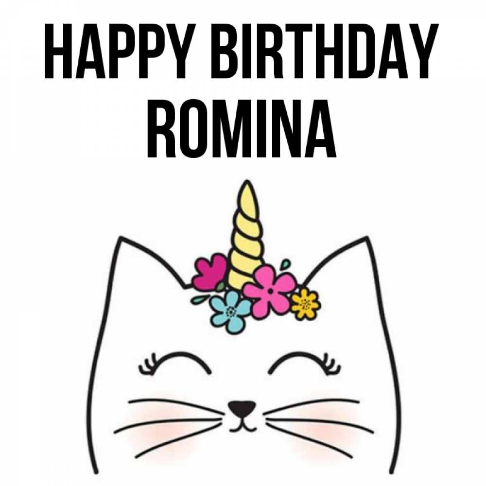 Greetings card с именем, Romina Happy Birthday милый кот с одним рожком Greetings with text for free download 