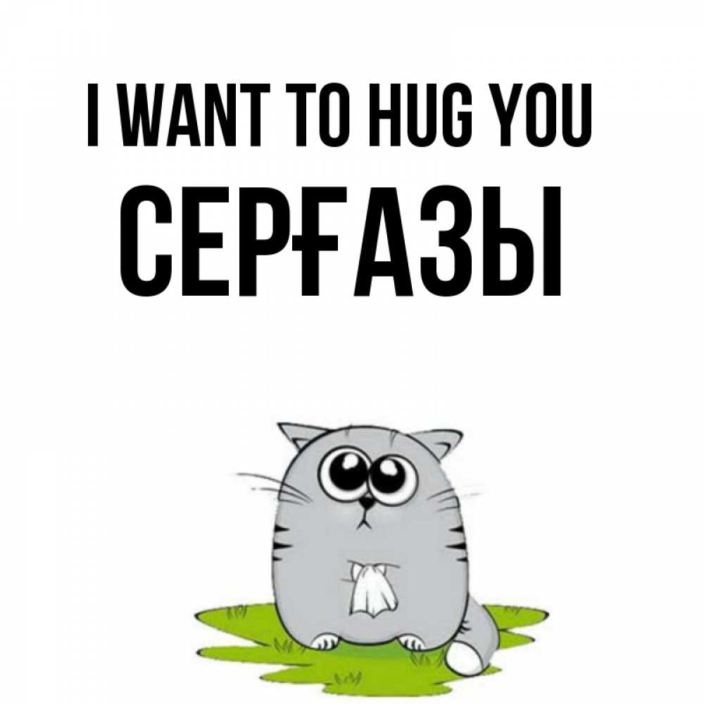 Greetings card с именем, СЕРҒАЗЫ I want to hug you котик теребит платочек сидя на травке Greetings with text for free download 