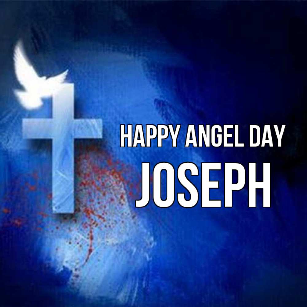 Greetings card с именем, Joseph happy angel day Синий фон и птица Greetings with text for free download 