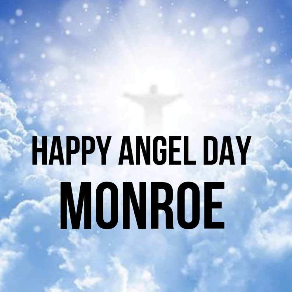Greetings card с именем, Monroe happy angel day ангел на облаках в свете солнца Greetings with text for free download 