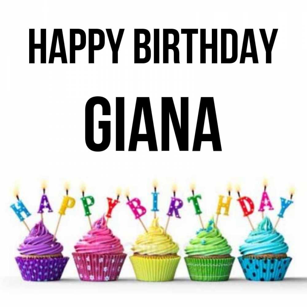Greetings card с именем, Giana Happy Birthday открытка ко дню рождения с разноцветными вкусняшками Greetings with text for free download 