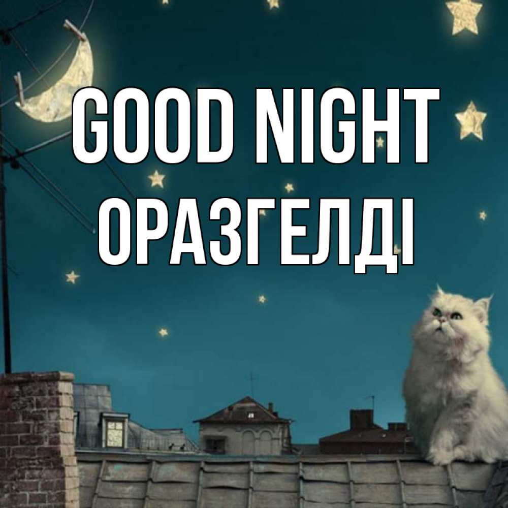 Greetings card с именем, ОРАЗГЕЛДІ Good night белый кот сидит на крыше Greetings with text for free download 