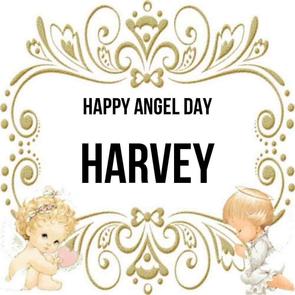 Greetings card с именем, Harvey happy angel day с именинами поздравляют два красивых ангела. Один с сердечком другой молится Greetings with text for free download 