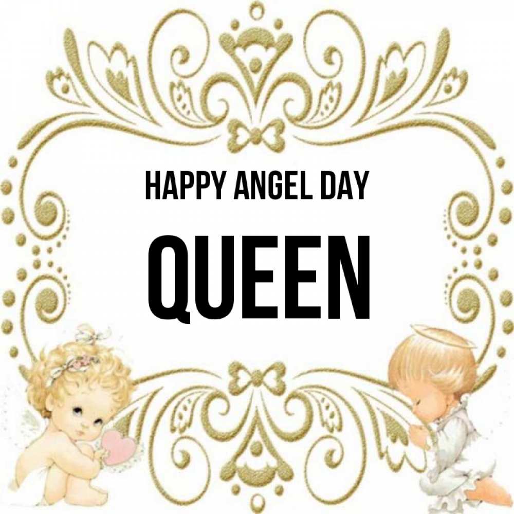 Greetings card с именем, Queen happy angel day с именинами поздравляют два красивых ангела. Один с сердечком другой молится Greetings with text for free download 