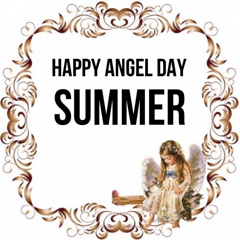 Greetings card с именем, Summer happy angel day рамочка из перьев и ангелочек Greetings with text for free download 
