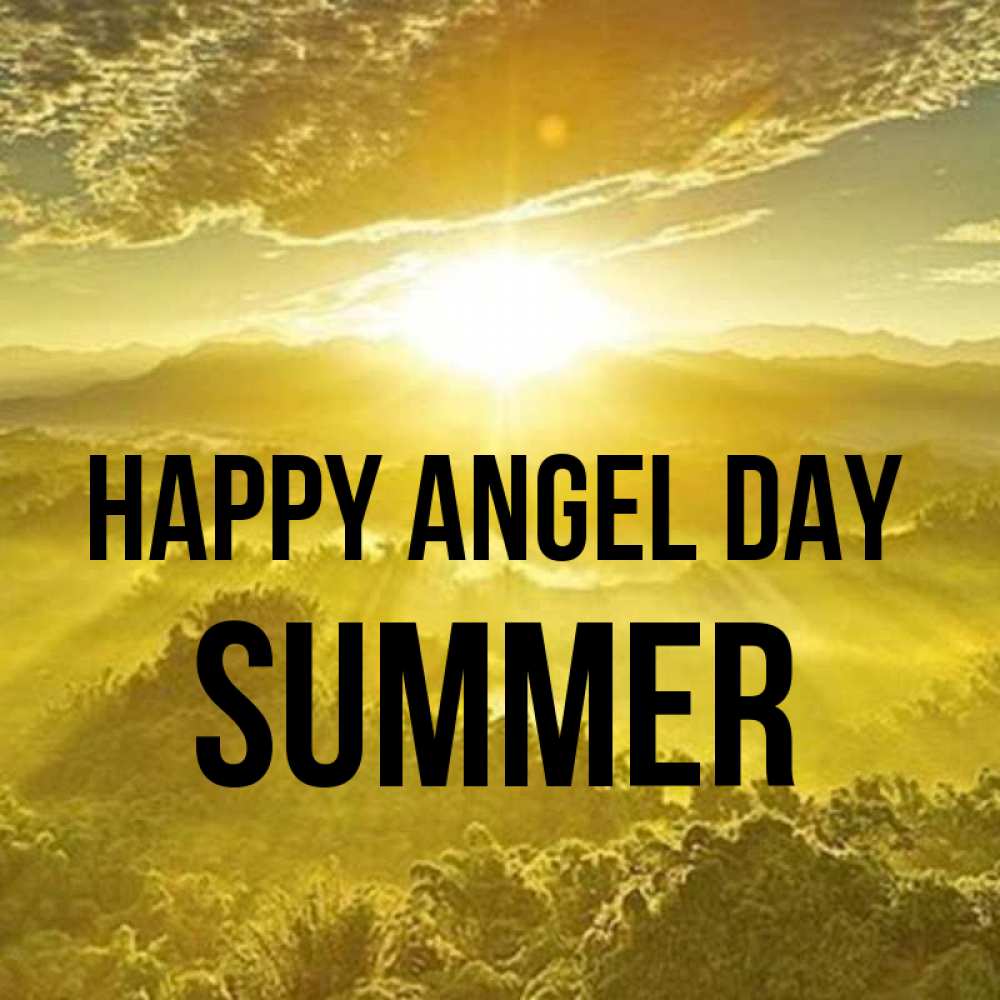 Greetings card с именем, Summer happy angel day леса и небо в желтом Greetings with text for free download 