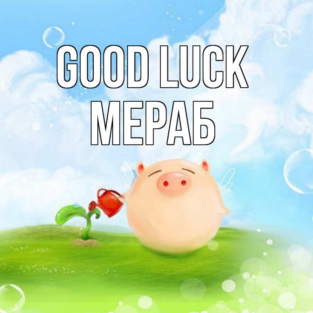 Greetings card с именем, Мераб Good luck поросенок поливает цветок. летнее настроение Greetings with text for free download 