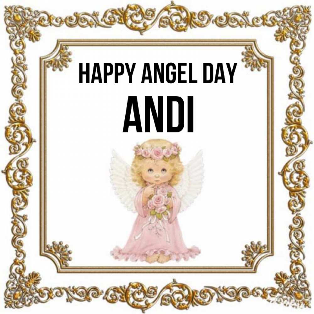 Greetings card с именем, Andi happy angel day девочка ангел с крыльями и цветами в розовом платье Greetings with text for free download 