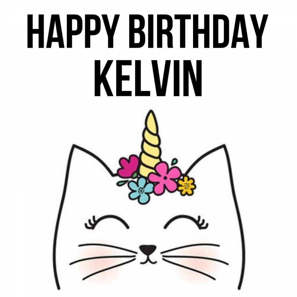 Greetings card с именем, Kelvin Happy Birthday милый кот с одним рожком Greetings with text for free download 