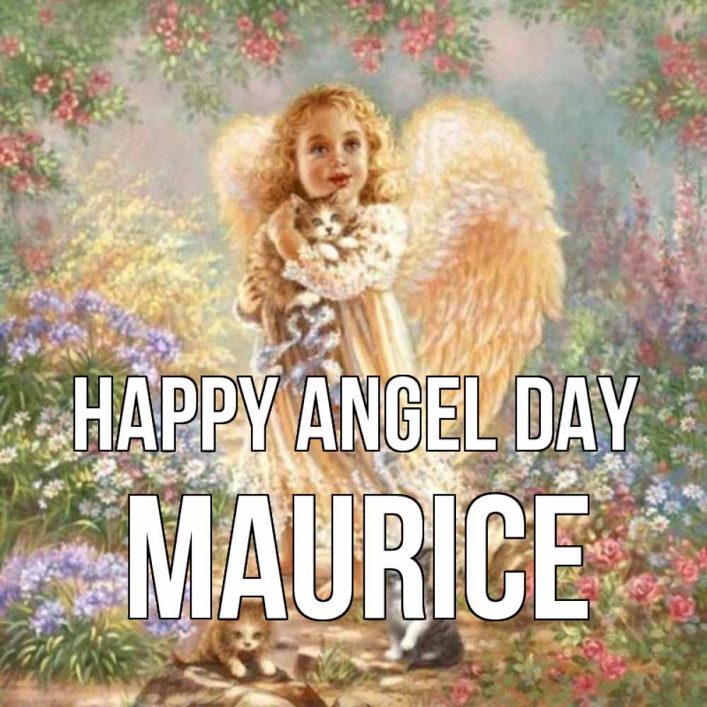 Greetings card с именем, Maurice happy angel day держит котенка Greetings with text for free download 