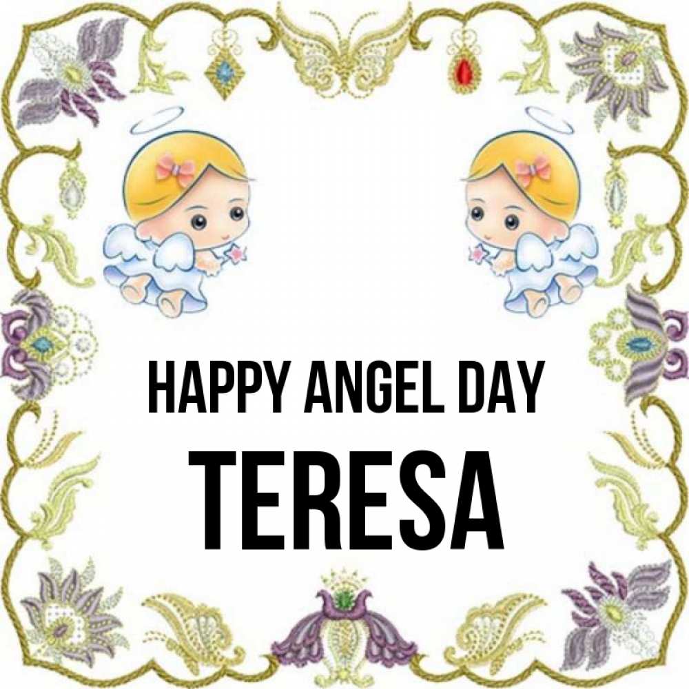 Greetings card с именем, Teresa happy angel day маленькие ангелы с крылышками Greetings with text for free download 