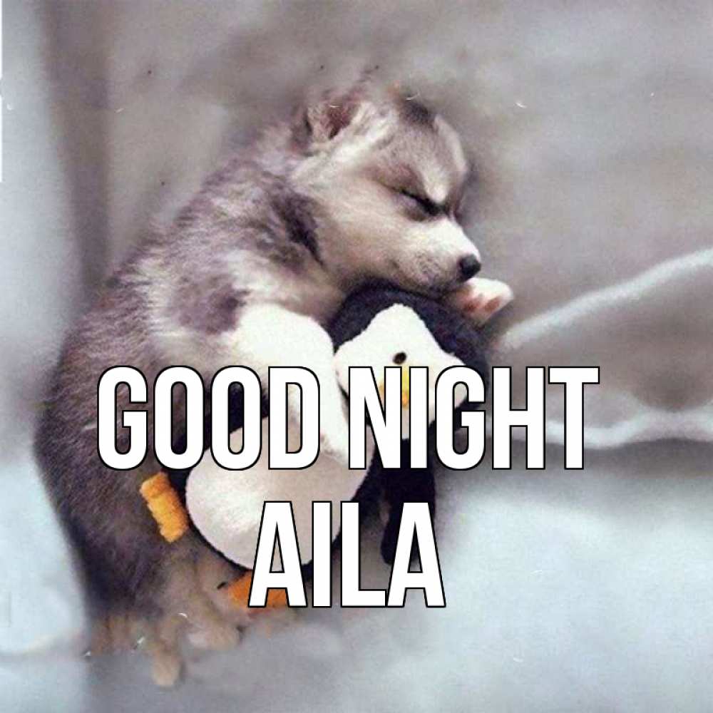 Greetings card с именем, Aila Good night обнимашки щенка и пингвина Greetings with text for free download 