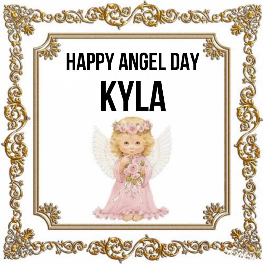 Greetings card с именем, Kyla happy angel day девочка ангел с крыльями и цветами в розовом платье Greetings with text for free download 