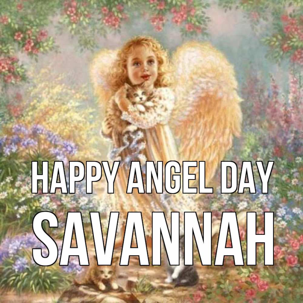 Greetings card с именем, Savannah happy angel day держит котенка Greetings with text for free download 
