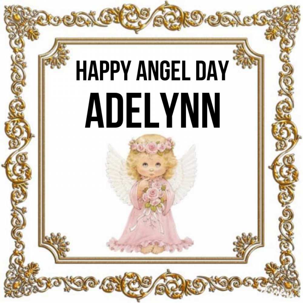 Greetings card с именем, Adelynn happy angel day девочка ангел с крыльями и цветами в розовом платье Greetings with text for free download 
