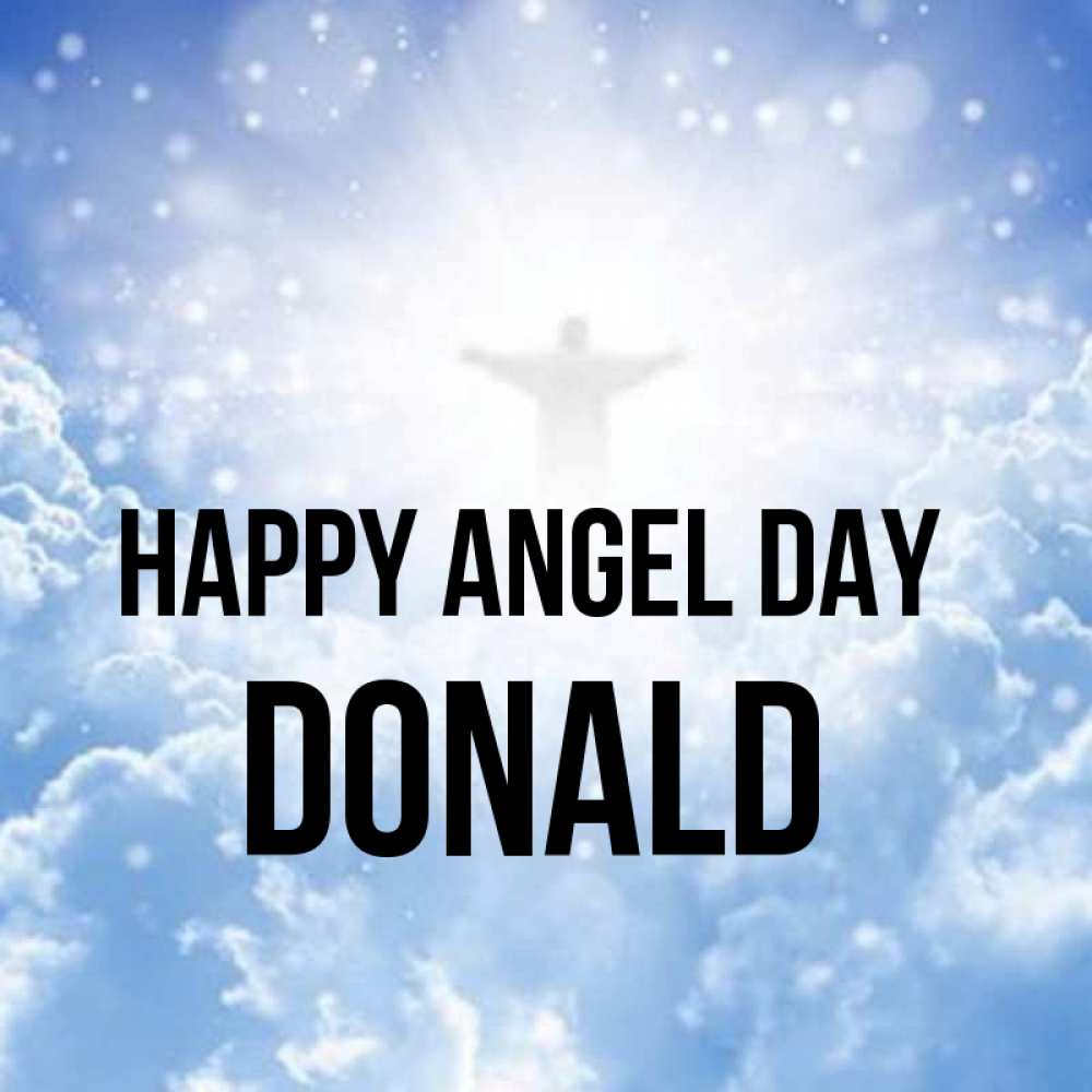 Greetings card с именем, Donald happy angel day ангел на облаках в свете солнца Greetings with text for free download 