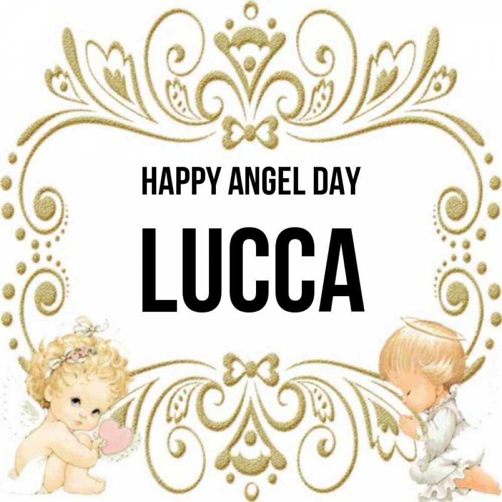 Greetings card с именем, Lucca happy angel day с именинами поздравляют два красивых ангела. Один с сердечком другой молится Greetings with text for free download 